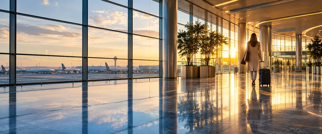 Illustration of a spacious airport terminal overlooking the apron