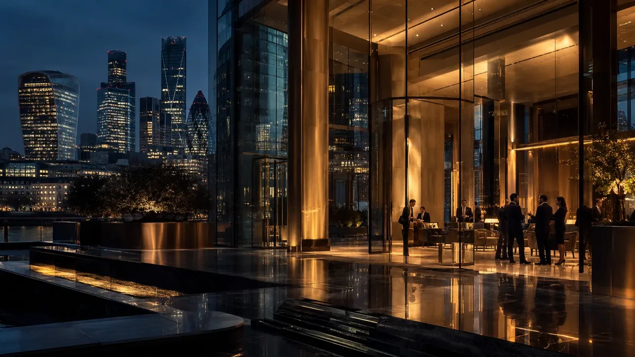 Illustration of a London office entrance at evening