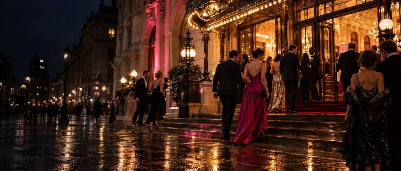 Illustration of guests arriving at an evening event