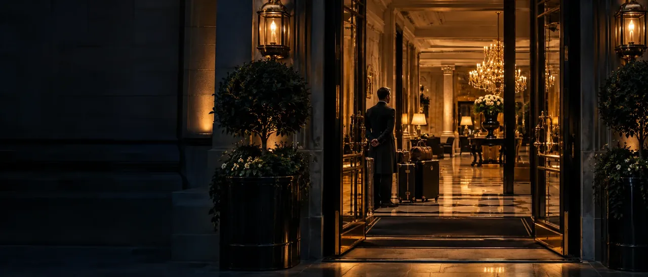 Illustration of a warmly lit London hotel entrance