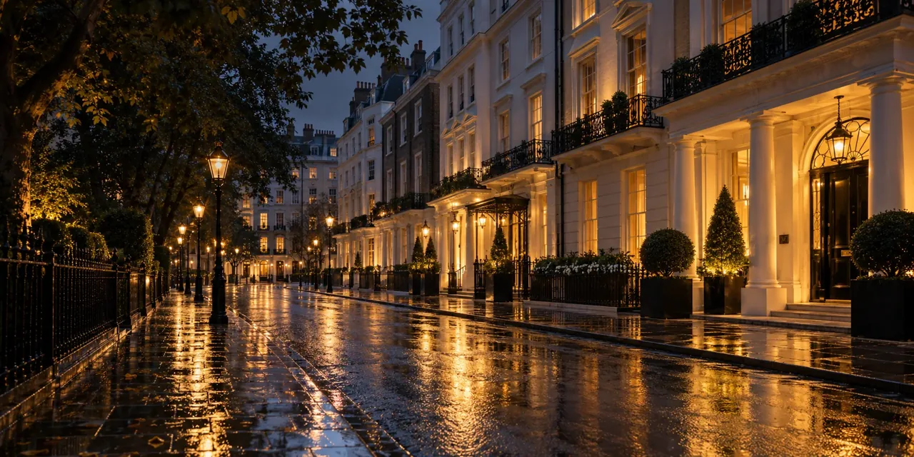 Illustration of an elegant London street in evening light
