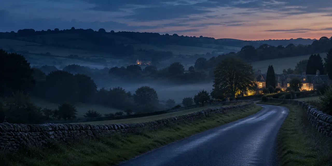 Illustration of a quiet countryside road at dawn