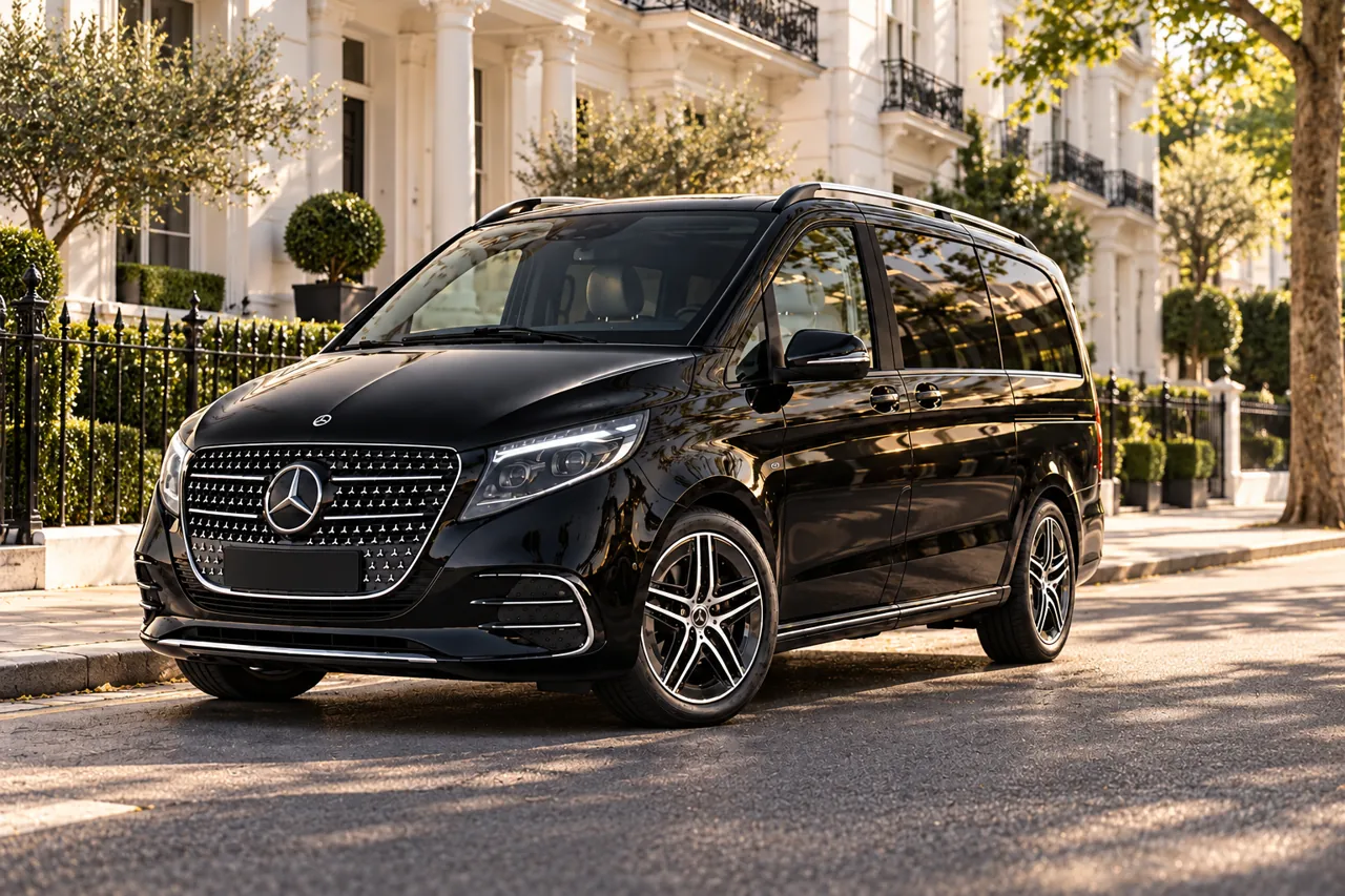 Illustration of a 2026-style black Mercedes-Benz V-Class outside Chelsea townhouses