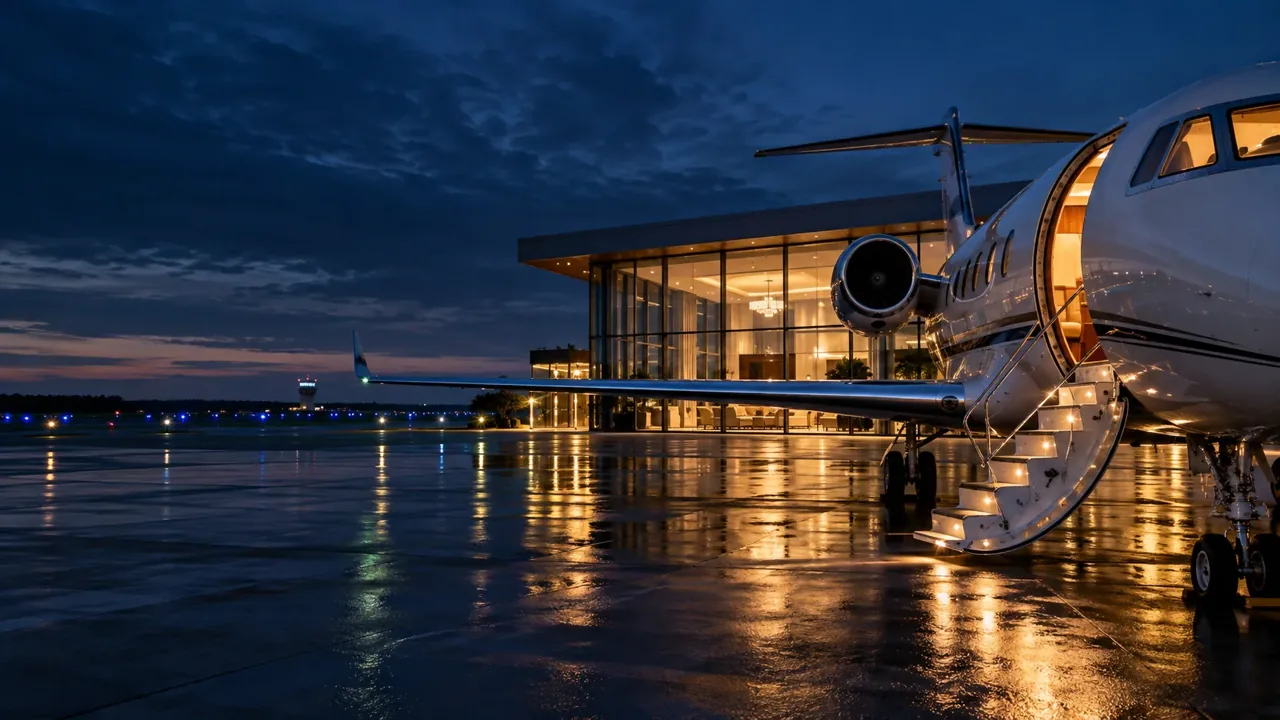 Illustration of a private aircraft beside a terminal at dusk