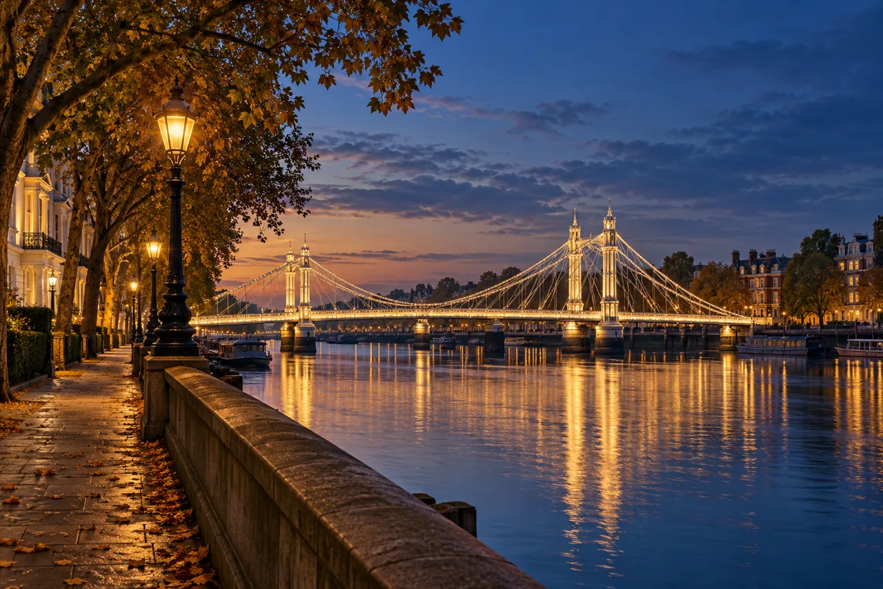 Illustration of Albert Bridge and the River Thames from Chelsea at dusk