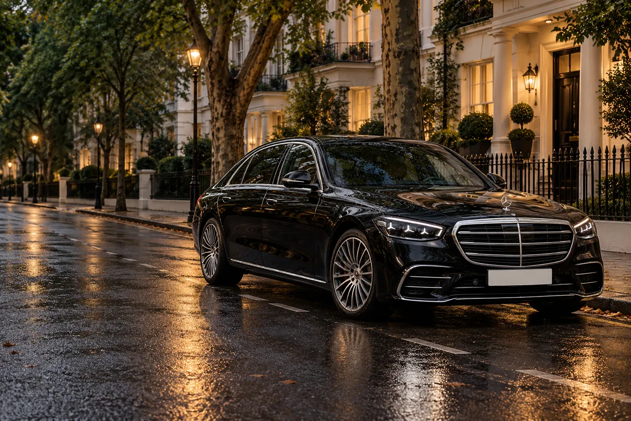 Illustration of a new-shape black Mercedes-Benz S-Class outside London townhouses