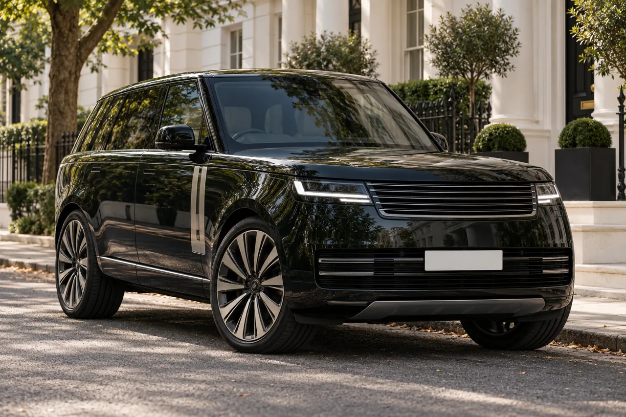 Illustration of a new-shape black Range Rover outside London residences