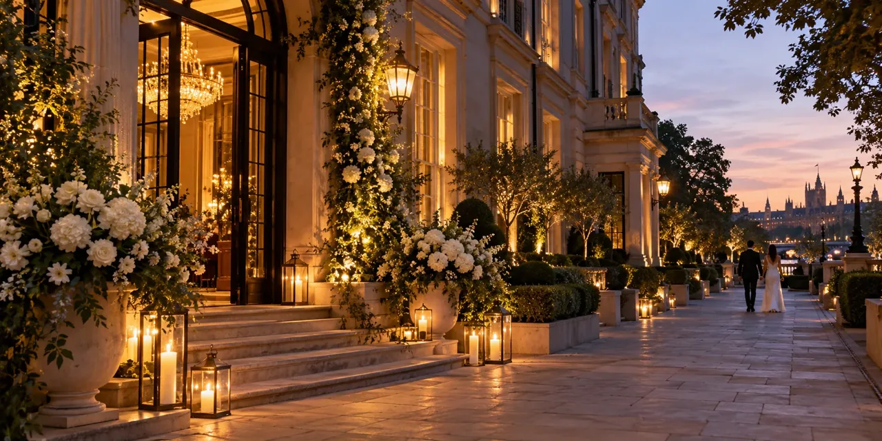 Illustration of a London venue entrance with floral decorations